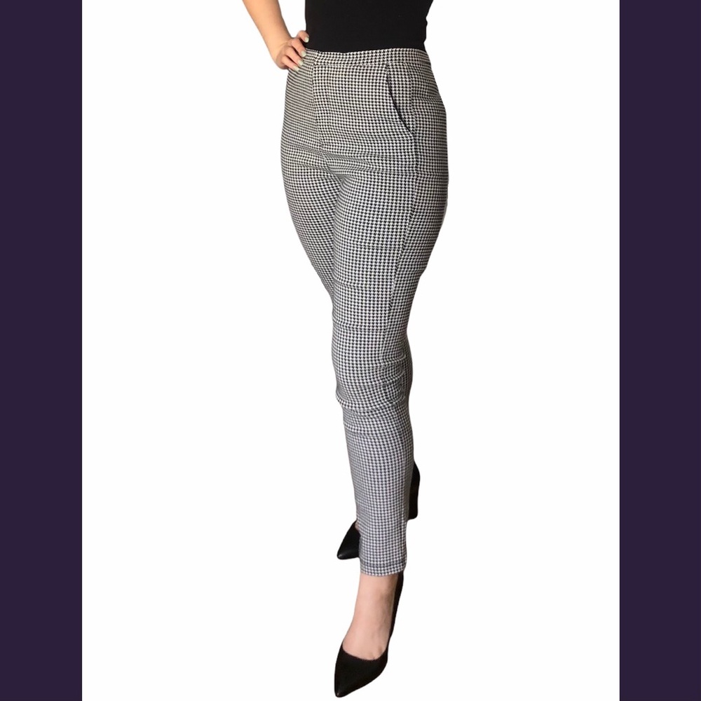 High Waisted Slim Leg Skinny Houndstooth Trousers